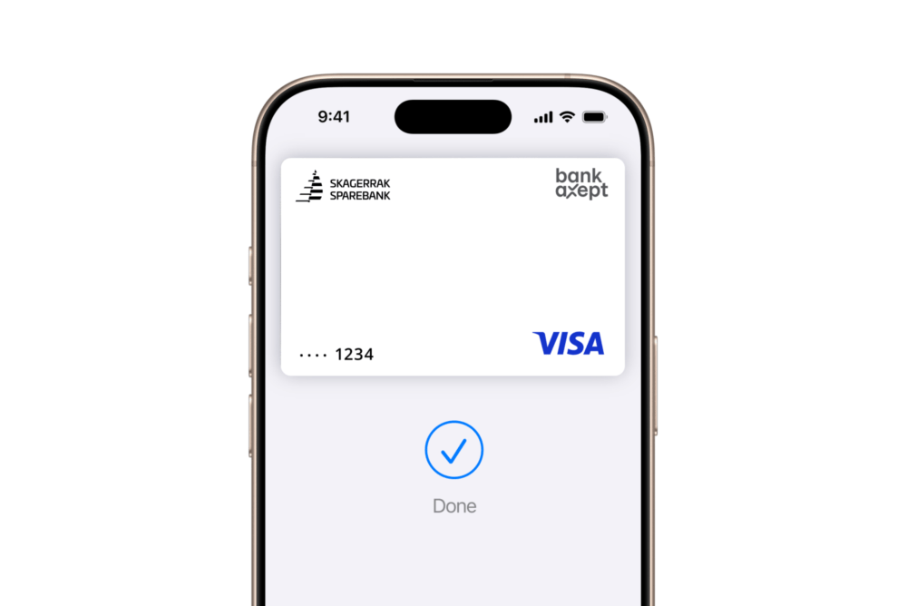 IPhone viser et digitalt betalingskort med bekreftelse 'Done'.